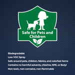 Green shield graphic reading Safe for Pets and Children with bullet points about biodegradability and low VOC spray
