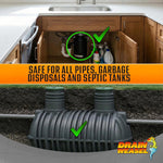 Graphic showing under-sink plumbing and an underground septic tank with check marks and text about safety for pipes and septic tanks
