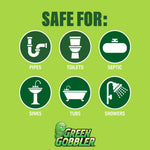 Green panel of six circular icons labeled safe for pipes, toilets, septic, sinks, tubs and showers