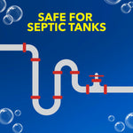 Blue graphic with stylized plumbing illustration and text declaring the product is 'Safe for Septic Tanks'