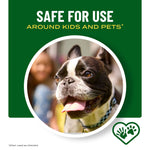 Circular photo of a panting dog inside graphic panel stating 'Safe for use around kids and pets' with icon