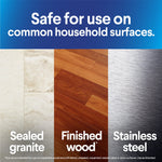 Panel showing 'Safe for use on common household surfaces' with images of sealed granite, finished wood, and stainless steel