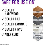 Graphic listing surfaces safe for use: sealed hardwood, tile, laminate, vinyl and area rugs