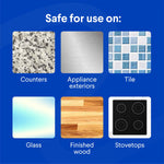 Graphic grid showing surfaces safe for use: counters, appliance exteriors, tile, glass, finished wood and stovetops