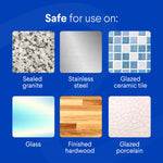 Blue panel showing surfaces safe for product use with icons and labels like sealed granite and stainless steel