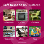 Graphic panel showing 'Safe to use on 100+ surfaces' with six example photos like living room, kitchen, outdoors and toys
