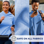Three-panel lifestyle graphic showing active people and fabric close-up with ‘Safe on all fabrics’ badge