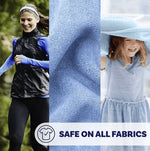 Triptych lifestyle image showing an active woman, a close-up of blue fabric, and a smiling child with a towel, labeled safe on all fabrics.