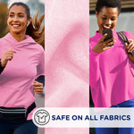 Triptych image showing active woman, pink fabric close-up, and smiling person with text 'Safe on all fabrics'.