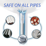 Graphic of a sink trap with surrounding circles illustrating compatibility with different pipe materials.