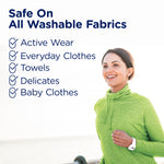 Lifestyle image of a smiling runner in green activewear with text stating safe on all washable fabrics and listed garment types