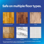 Graphic showing six sample floor types (wood, laminate, vinyl, linoleum, quartz, glazed tile) labeled ‘Safe on multiple floor types.’