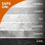 Graphic panel labeled “SAFE ON:” showing sample swatches of marble, quartz, tile, quartzite, granite and slate surfaces