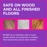 Purple infographic panel reading "Safe on wood and all finished floors" with three floor sample images and usage warning.