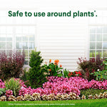 Landscaped flower bed and house siding with headline 'Safe to use around plants' and small rinse instruction note