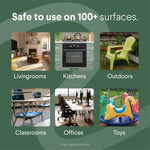 Green informational graphic showing rooms and items labeled Livingrooms, Kitchens, Outdoors, Classrooms, Offices, Toys