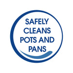Round blue badge graphic reading “SAFELY CLEANS POTS AND PANS” with a swoosh accent.