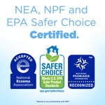 Badge graphic reading NEA, NPF and EPA Safer Choice certified with three certification logos on pale background