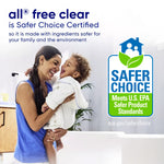 Lifestyle image showing a smiling parent holding a child next to a Safer Choice certification badge and all free clear text