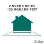 House silhouette graphic with dashed area and text 'Covers up to 120 square feet' in Safer Brand product art