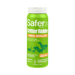 Tall green Safer Brand Critter Ridder animal repellent granules bottle with white cap and pet silhouettes on label