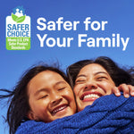 Smiling adult and child wrapped in a blue blanket with “Safer for Your Family” text and Safer Choice badge