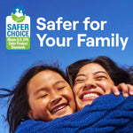 Smiling adult and child in a close embrace under blue sky with ‘Safer for Your Family’ text and Safer Choice logo