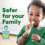 Smiling toddler eating with text 'Safer for your Family' and EPA Safer Choice logo in lower left corner