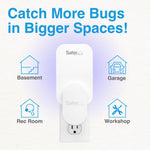 Promotional graphic with Safer Home plug-in trap centered and text suggesting use in basement, garage, rec room, and workshop