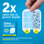 Hand holding a sticky glue card next to a comparison graphic claiming twice the catch rate versus generic brands