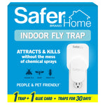 Blue product box front showing Safer Home Indoor Fly Trap packaging and an outlet-mounted trap illustration