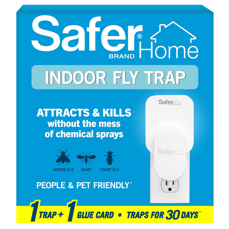 Blue product box front showing Safer Home Indoor Fly Trap packaging and an outlet-mounted trap illustration