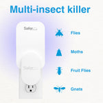 Informational image showing the Safer Home indoor trap with icons and labels listing flies, moths, fruit flies and gnats