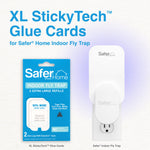 Composite image showing Safer Home XL StickyTech glue cards packaging at left and the indoor fly trap on an outlet at right
