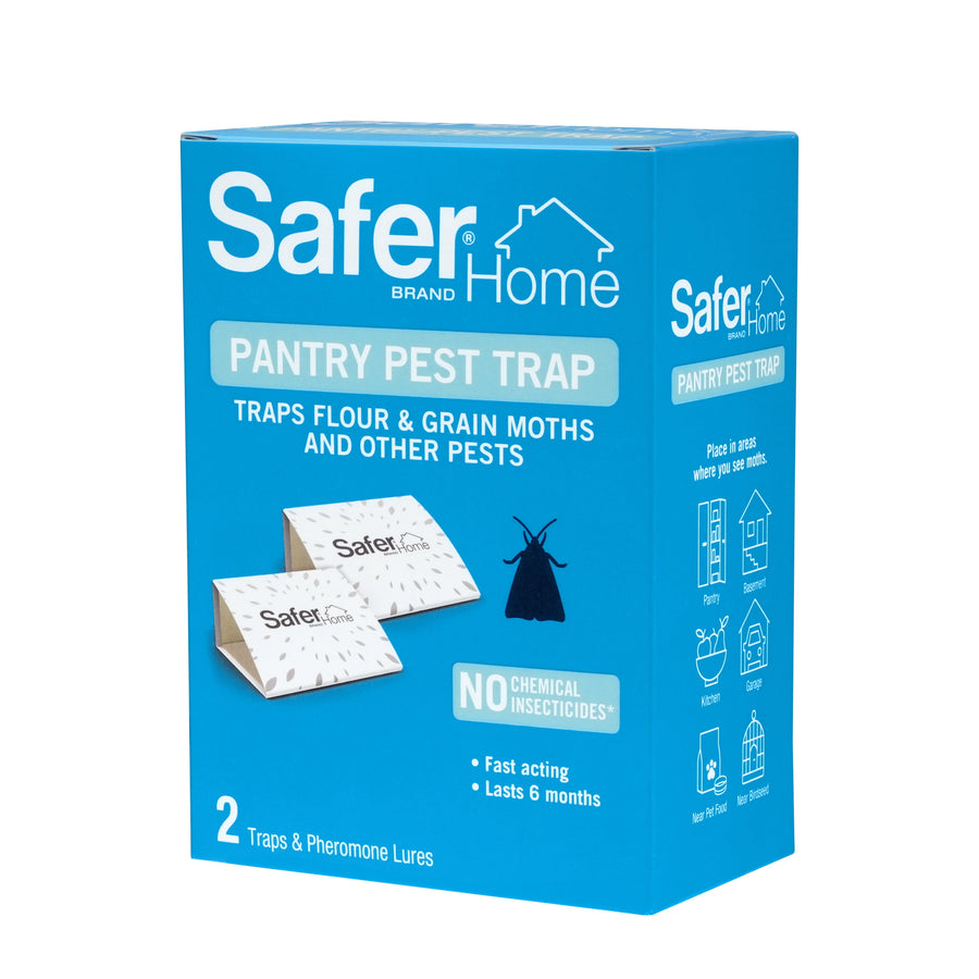 Blue Safer Home Pantry Pest Trap retail box showing two foldable traps and moth graphic with product claims