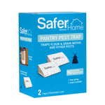 Angled view of blue Safer Home Pantry Pest Trap box showing two traps illustration and text about trapping flour and grain moths