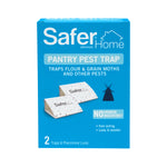 Front-facing blue Safer Home Pantry Pest Trap box with product name, two trap images and moth silhouette on plain white background