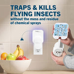 Kitchen countertop scene with Safer Home plug-in trap in an outlet and a hand holding a used sticky glue card filled with trapped insects