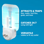 Exploded-style illustration of the plug-in fly trap showing glue card, LED light, and rotating outlet prongs with callouts
