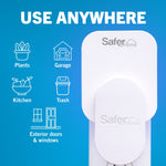 Close-up of Safer Home plug-in fly trap with icons showing use locations like plants, garage, kitchen, and exterior doors