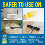 Graphic titled “Safer to use on:” showing tile, scrubbing, pressure wash and mop images with surface list below.