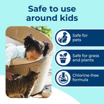 Safety callouts graphic with a child interacting with a cat and icons stating safe for pets, safe for grass and chlorine-free formula.