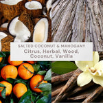 Collage-style fragrance graphic showing coconut halves, mahogany wood texture, citrus fruit and vanilla with scent notes text
