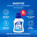 Blue product graphic stating 'Sanitize without the harshness of bleach' with Lysol Laundry Sanitizer bottle and icons