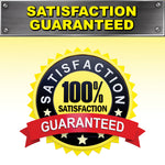 Graphic seal style badge stating 100% satisfaction guaranteed on yellow and black circular ribbon background