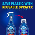 Save plastic message graphic showing Dawn spray bottle and refill bottle with arrow and headline "SAVE PLASTIC WITH REUSABLE SPRAYER"