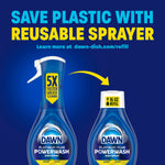 Graphic promoting reusable sprayer showing Dawn Powerwash bottle and a refill bottle with “SAVE PLASTIC WITH REUSABLE SPRAYER” headline