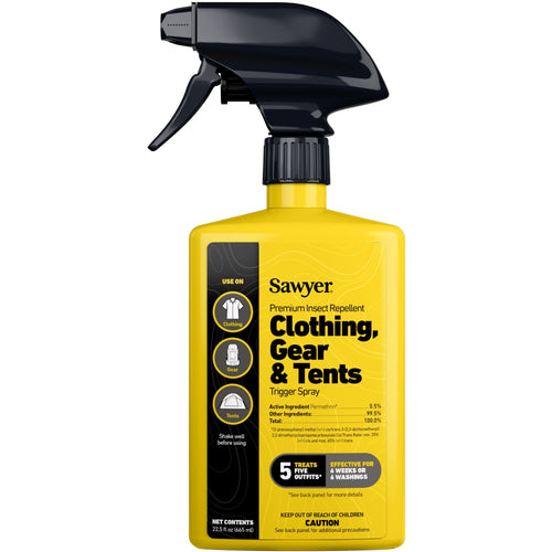 Close-up product shot of a yellow Sawyer Clothing, Gear & Tents trigger spray bottle on white background.