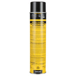 Rear view of a tall yellow Sawyer Permethrin aerosol can showing product text and usage instructions on white background