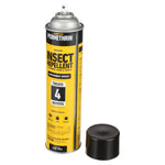 Yellow Sawyer Permethrin aerosol can with cap removed and spray valve visible, cap placed beside it on white background